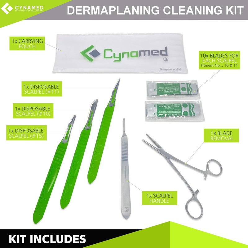 CYNAMED طقم تنظيف ديرما بلانينغ - شفرات سكين قابلة للتصرف رقم 10، 11، 15، مقبض معدني مع شفرات، وإزالة شفرات الهيموستات - معقمة ومغلفة بشكل فردي - مناسبة للديرما بلانينغ وأكثر - Image 2