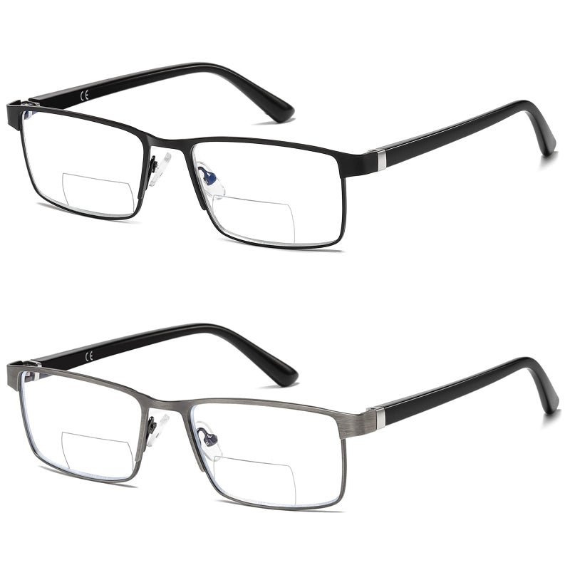 LKEYE Bifocal Reading Glasses Men Progressive Blue Light Blocking Computer Readers No Line Wide Metal Frame Designer Cheaters Transition Square Stylish Fashion Eyewear LK6013 +2.00 Strength - Image 1