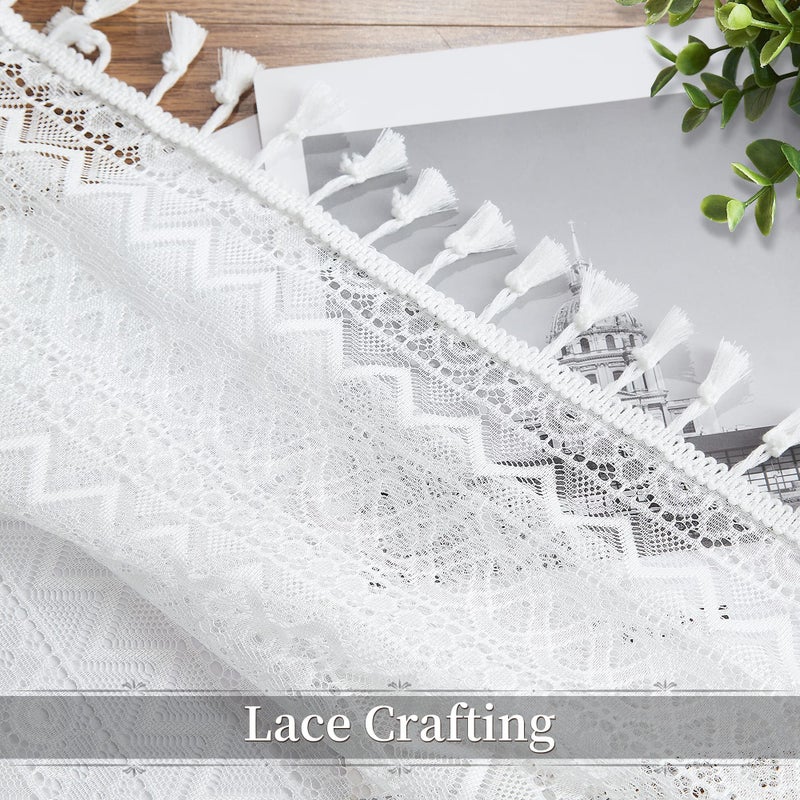 ZJDECOR White Boho Lace Sheer Window Curtain Panels with Cute Tassels 90 Inches Long Rustic Embroidery Drapes Farmhouse Geometric Pattern Window Treatment for Living Room Bedroom 40"" Wx90 Lx2 - Image 4