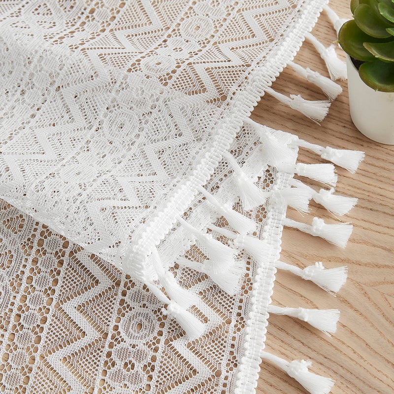 ZJDECOR White Boho Lace Sheer Window Curtain Panels with Cute Tassels 90 Inches Long Rustic Embroidery Drapes Farmhouse Geometric Pattern Window Treatment for Living Room Bedroom 40"" Wx90 Lx2 - Image 1