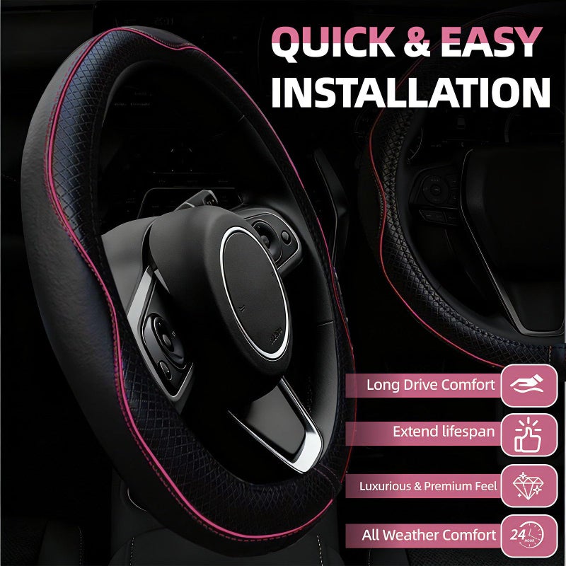 NBTEPEM 6 PCS Car Steering Wheel Cover Set, Microfiber Leather Steering Wheel Covers Universal 14.5-15 inch, Center Console Cover, Seat Belt Cushion, Cup Holder Coaster, Car Accessories Set Pink - Image 2