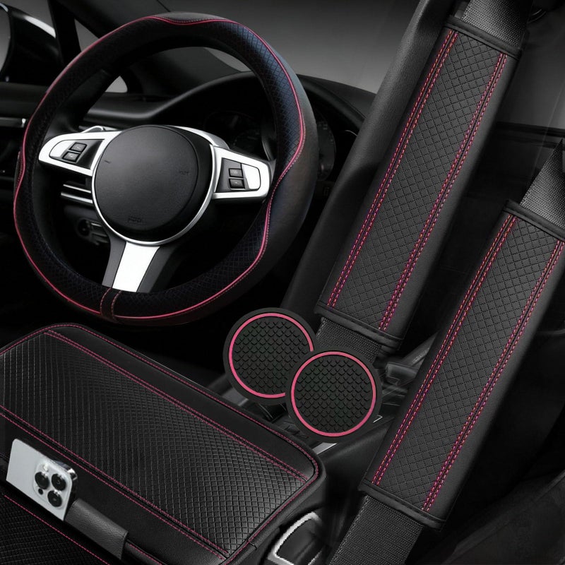 NBTEPEM 6 PCS Car Steering Wheel Cover Set, Microfiber Leather Steering Wheel Covers Universal 14.5-15 inch, Center Console Cover, Seat Belt Cushion, Cup Holder Coaster, Car Accessories Set Pink - Image 1
