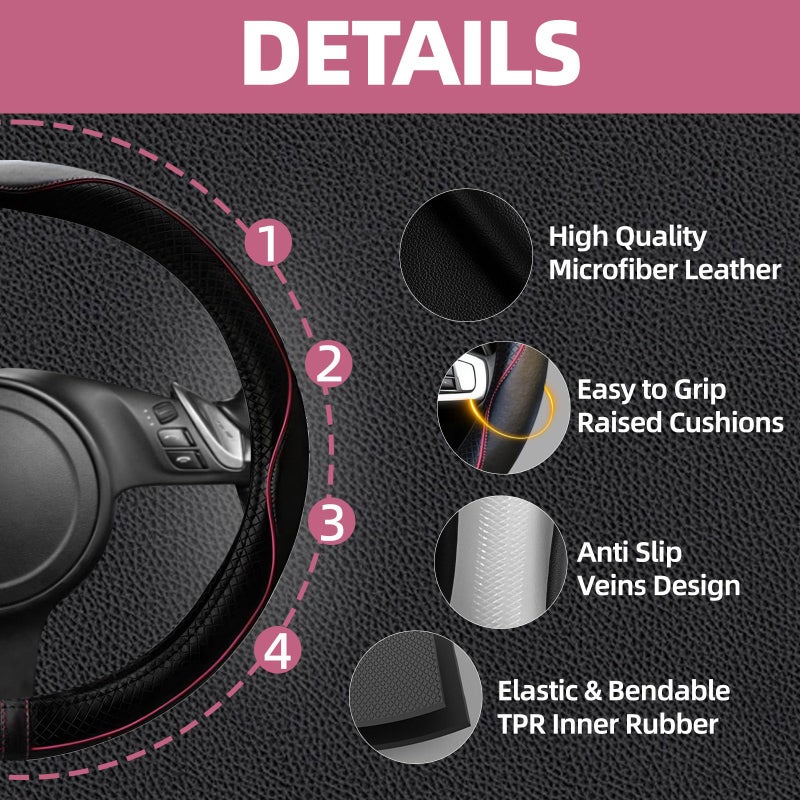 NBTEPEM 6 PCS Car Steering Wheel Cover Set, Microfiber Leather Steering Wheel Covers Universal 14.5-15 inch, Center Console Cover, Seat Belt Cushion, Cup Holder Coaster, Car Accessories Set Pink - Image 3