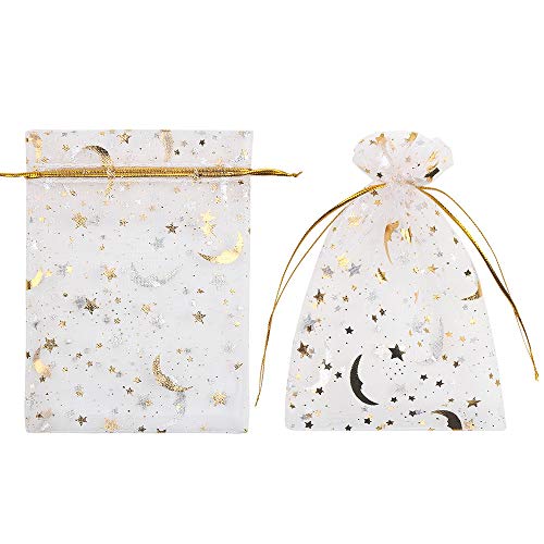LOAVER 3.5x4.7 Inches Heart Printed Orchid Organza Bags Candy Gift Bags-100Pieces (Stars and Moon White Bag) - Image 4