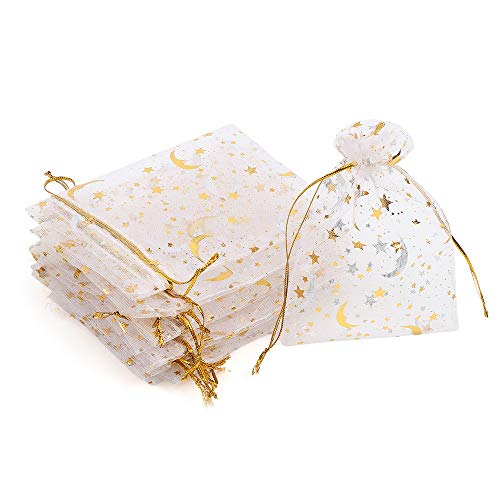 LOAVER 3.5x4.7 Inches Heart Printed Orchid Organza Bags Candy Gift Bags-100Pieces (Stars and Moon White Bag) - Image 5