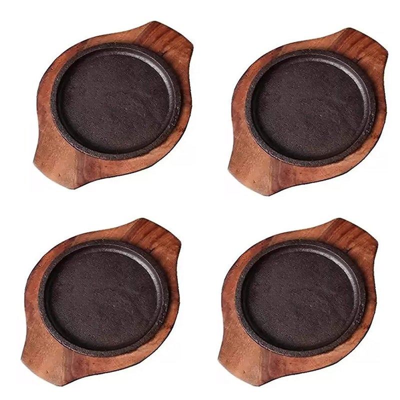 ARTISTIC Sheesham Small Dessert Round Serving Plate Brownie Sizzler Tray With Wooden Base, 5 Inch (4 Piece) - Image 5