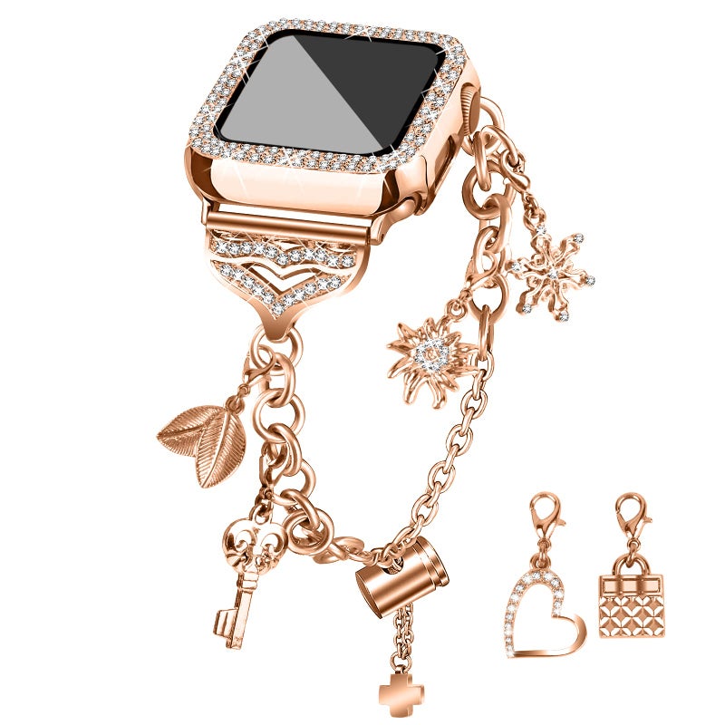 JOYOZY Band Compatible with Apple Watch 38mm 40mm 41mm 42mm 44mm 45mm 46mm, Bling Strap with Glitter Case Built-in Screen Protector, Interchangeable Charms Dressy Bracelet for Women (Rose Gold 40mm) - Image 1