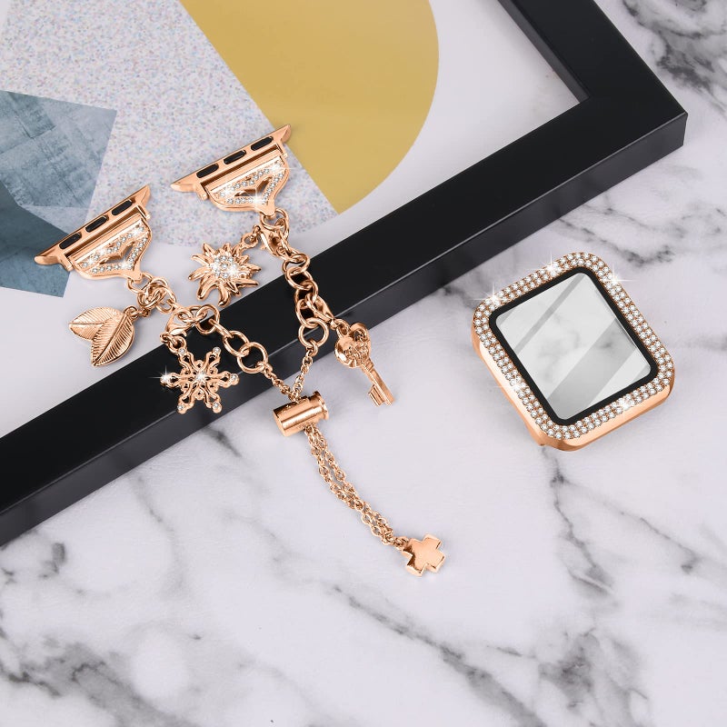 JOYOZY Band Compatible with Apple Watch 38mm 40mm 41mm 42mm 44mm 45mm 46mm, Bling Strap with Glitter Case Built-in Screen Protector, Interchangeable Charms Dressy Bracelet for Women (Rose Gold 40mm) - Image 4