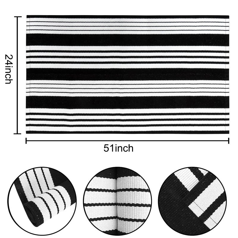 BUAGETUP Striped Outdoor Rug 24'' x 51''Black and White Front Porch Mat, Cotton Washable Woven Layered Doormats for Entryway Bedroom - Image 2