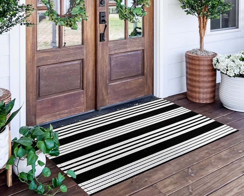 BUAGETUP Striped Outdoor Rug 24'' x 51''Black and White Front Porch Mat, Cotton Washable Woven Layered Doormats for Entryway Bedroom - Image 1