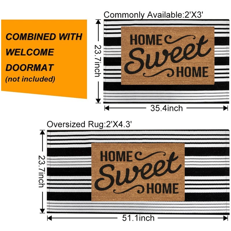 BUAGETUP Striped Outdoor Rug 24'' x 51''Black and White Front Porch Mat, Cotton Washable Woven Layered Doormats for Entryway Bedroom - Image 3