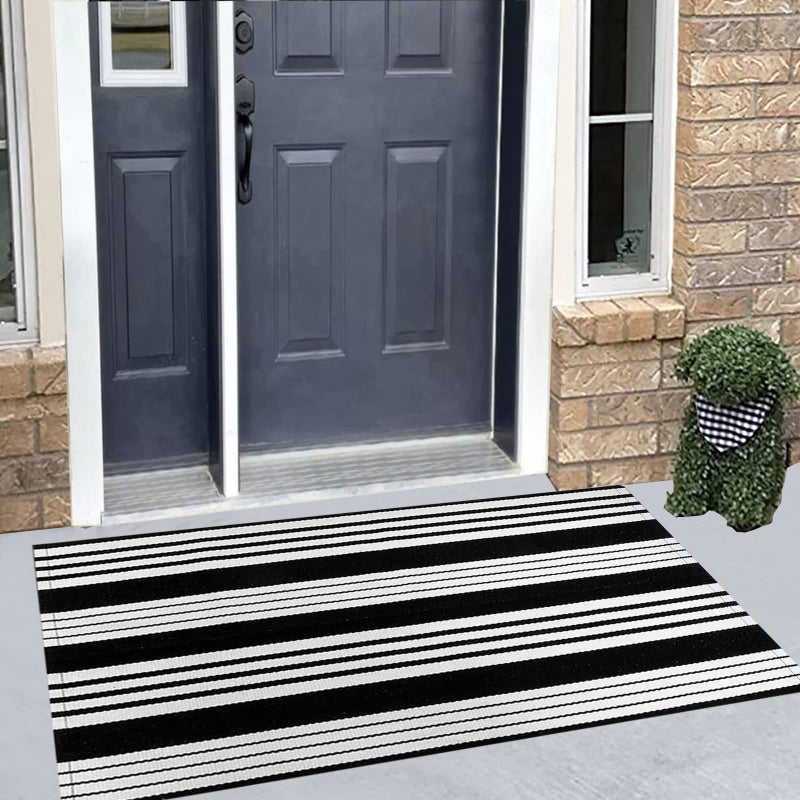 BUAGETUP Striped Outdoor Rug 24'' x 51''Black and White Front Porch Mat, Cotton Washable Woven Layered Doormats for Entryway Bedroom - Image 5