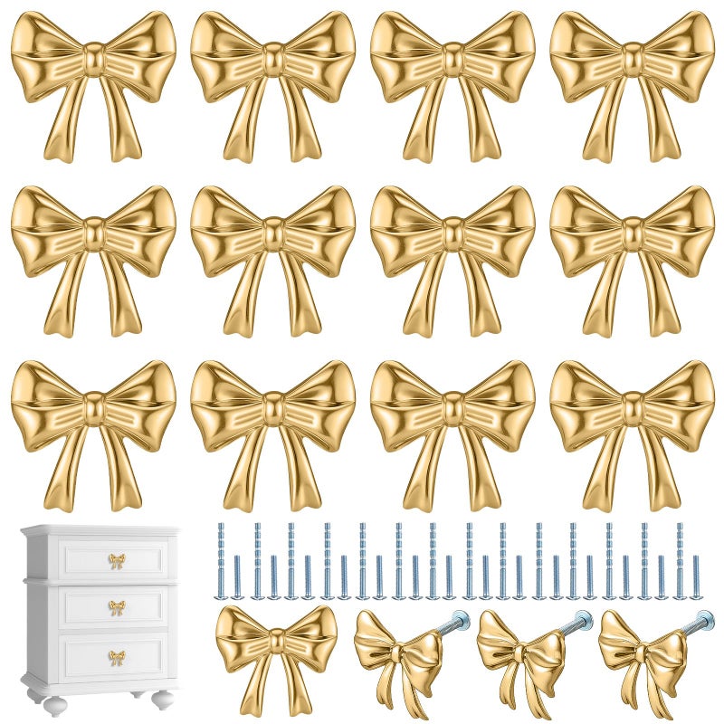 Hotop 15 Pack Gold Bow Dresser Knobs Cabinet Drawer Knobs with 2 Kinds Screws for Hardware Dresser Kitchen Drawer Aluminum Alloy Oxidation Wire Drawing Handle 157 x 118 - Image 2