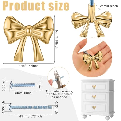 Hotop 15 Pack Gold Bow Dresser Knobs Cabinet Drawer Knobs with 2 Kinds Screws for Hardware Dresser Kitchen Drawer Aluminum Alloy Oxidation Wire Drawing Handle 157 x 118 - Image 3