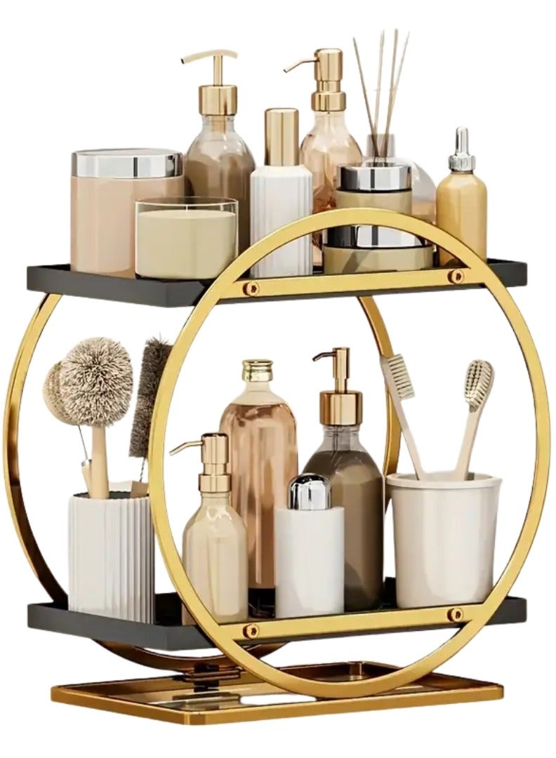 طلال منظم سطح عمل دائري من طبقتين للحمام، رف من الفولاذ المقاوم للصدأ لتخزين مستحضرات التجميل والديكور، صينية زينة قائمة لتنظيم الحمام (ذهبي) - Image 1