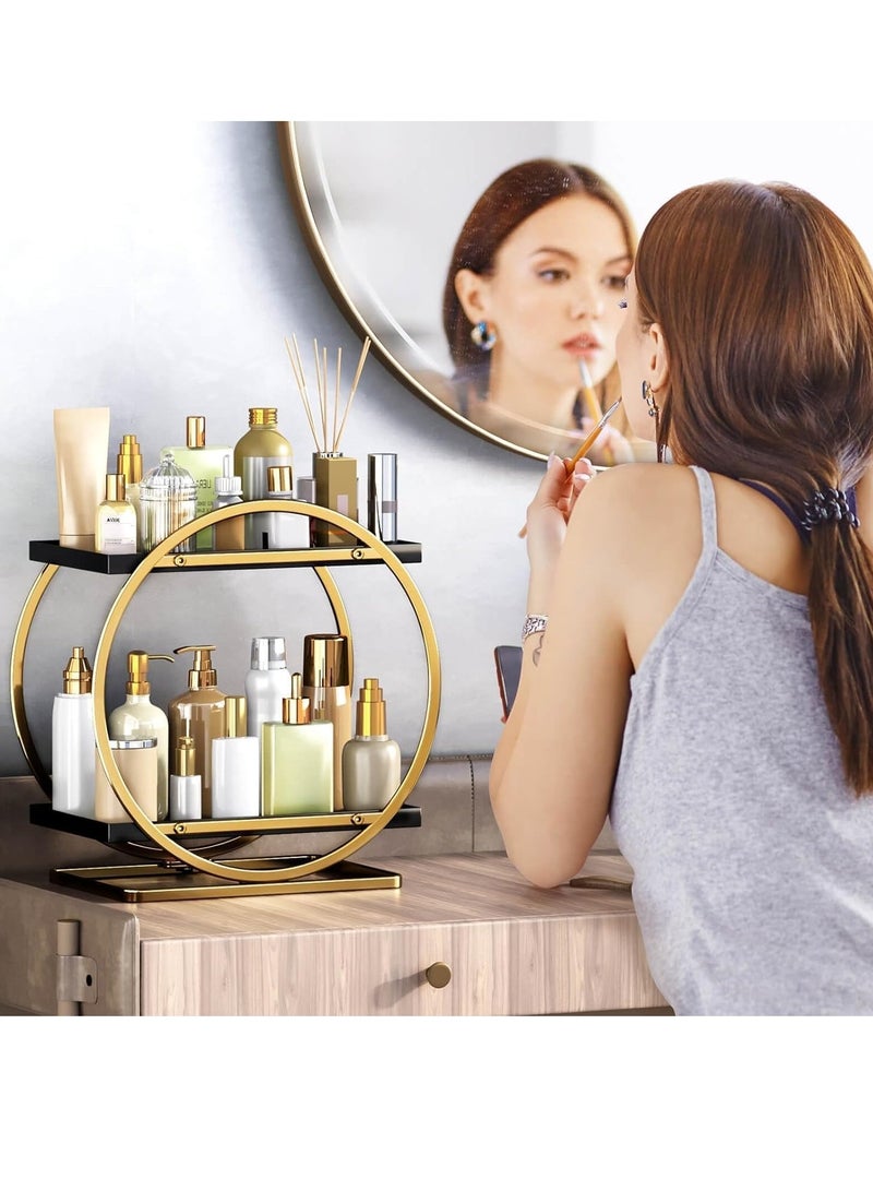 طلال منظم سطح عمل دائري من طبقتين للحمام، رف من الفولاذ المقاوم للصدأ لتخزين مستحضرات التجميل والديكور، صينية زينة قائمة لتنظيم الحمام (ذهبي) - Image 2