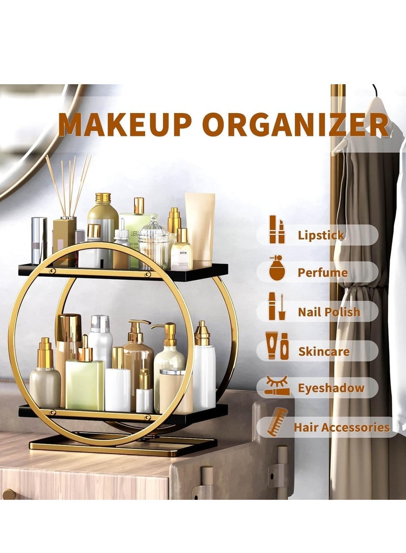 طلال منظم سطح عمل دائري من طبقتين للحمام، رف من الفولاذ المقاوم للصدأ لتخزين مستحضرات التجميل والديكور، صينية زينة قائمة لتنظيم الحمام (ذهبي) - Image 4