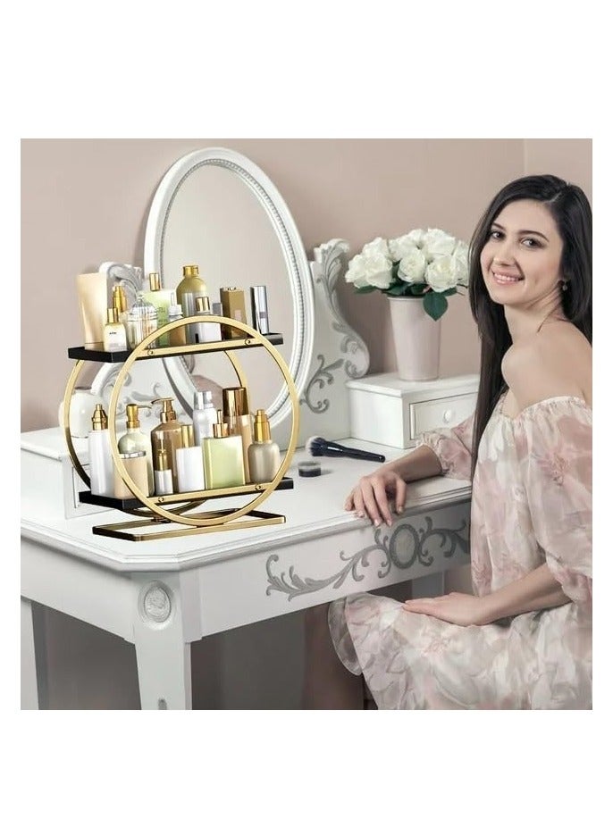 طلال منظم سطح عمل دائري من طبقتين للحمام، رف من الفولاذ المقاوم للصدأ لتخزين مستحضرات التجميل والديكور، صينية زينة قائمة لتنظيم الحمام (ذهبي) - Image 5