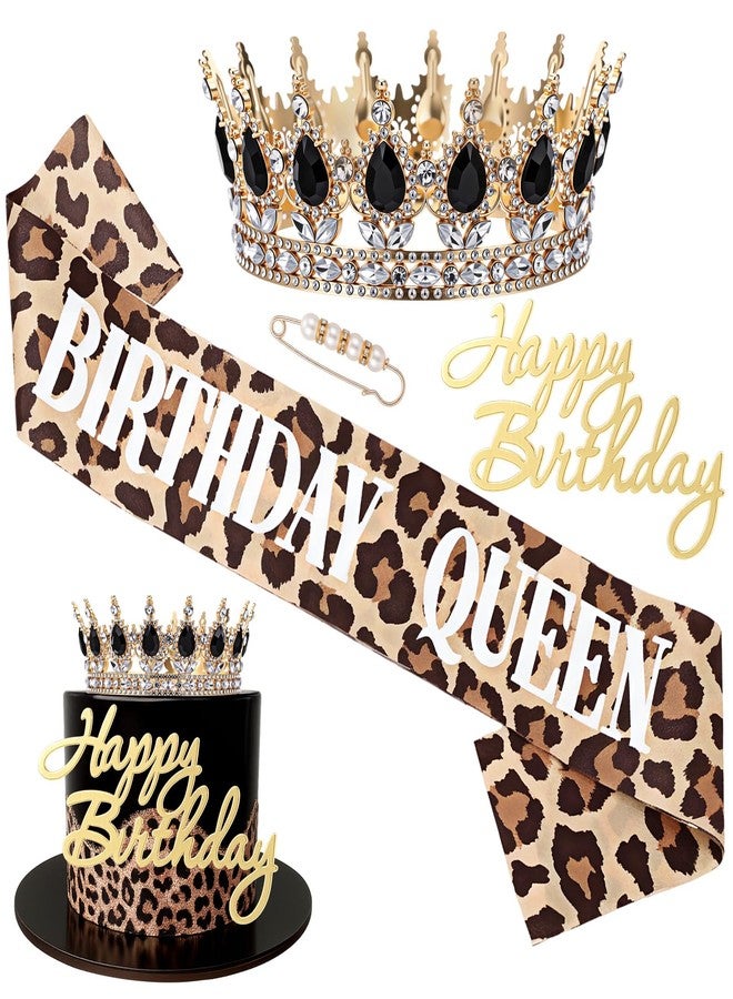 Suncalla Cheetah Birthday Party Decorations Accessories for Women Crystal Rhinestone Leopard Queen Crown Princess Tiaras Sash Waist Pin Acrylic Cake Decorations, Birthday Prom of Photo Props(Black) - Image 1