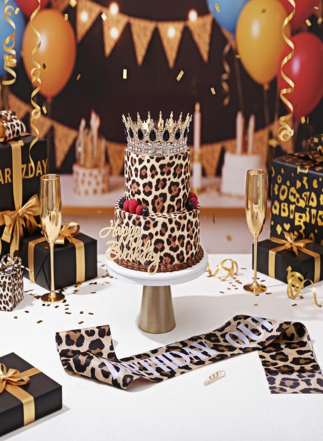 Suncalla Cheetah Birthday Party Decorations Accessories for Women Crystal Rhinestone Leopard Queen Crown Princess Tiaras Sash Waist Pin Acrylic Cake Decorations, Birthday Prom of Photo Props(Black) - Image 4