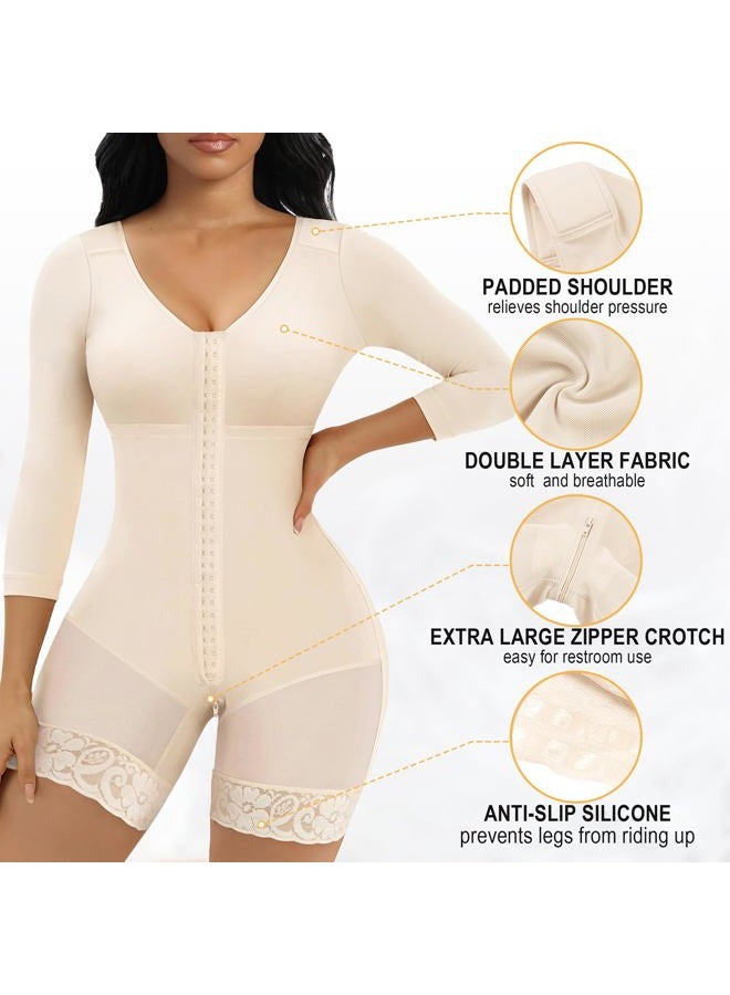 SHAPERX Women's Fajas Colombianas Shapewear Postpartum Tummy Control Arm Slimming Full Body Shaper with Zipper Crotch, Beige, S - Image 4