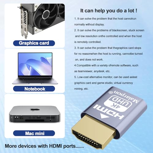 Malarpon HDMI Dummy Plug fit-Headless Display Emulator DDC EDID Headless Ghos with Windows Mac OSX Linux Great for Graphics Acceleration Support 3840x2160@60Hz 3P - Image 4