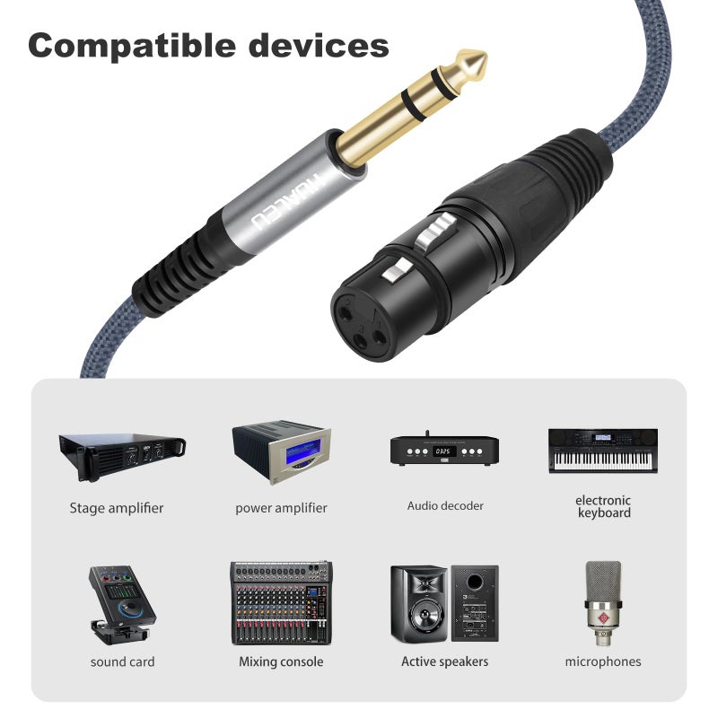 HUALEU 2 Pack 1/4 TRS Male to 3Pin XLR Female Microphone Cable,6.35mm TRS to XLR Female Braid Quarter inch Balanced Cable for Mixer Microphone Active Speakers-1Feet - Image 2