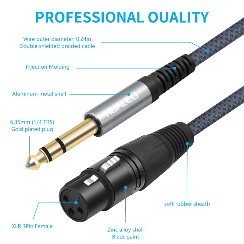 HUALEU 2 Pack 1/4 TRS Male to 3Pin XLR Female Microphone Cable,6.35mm TRS to XLR Female Braid Quarter inch Balanced Cable for Mixer Microphone Active Speakers-1Feet - Image 3