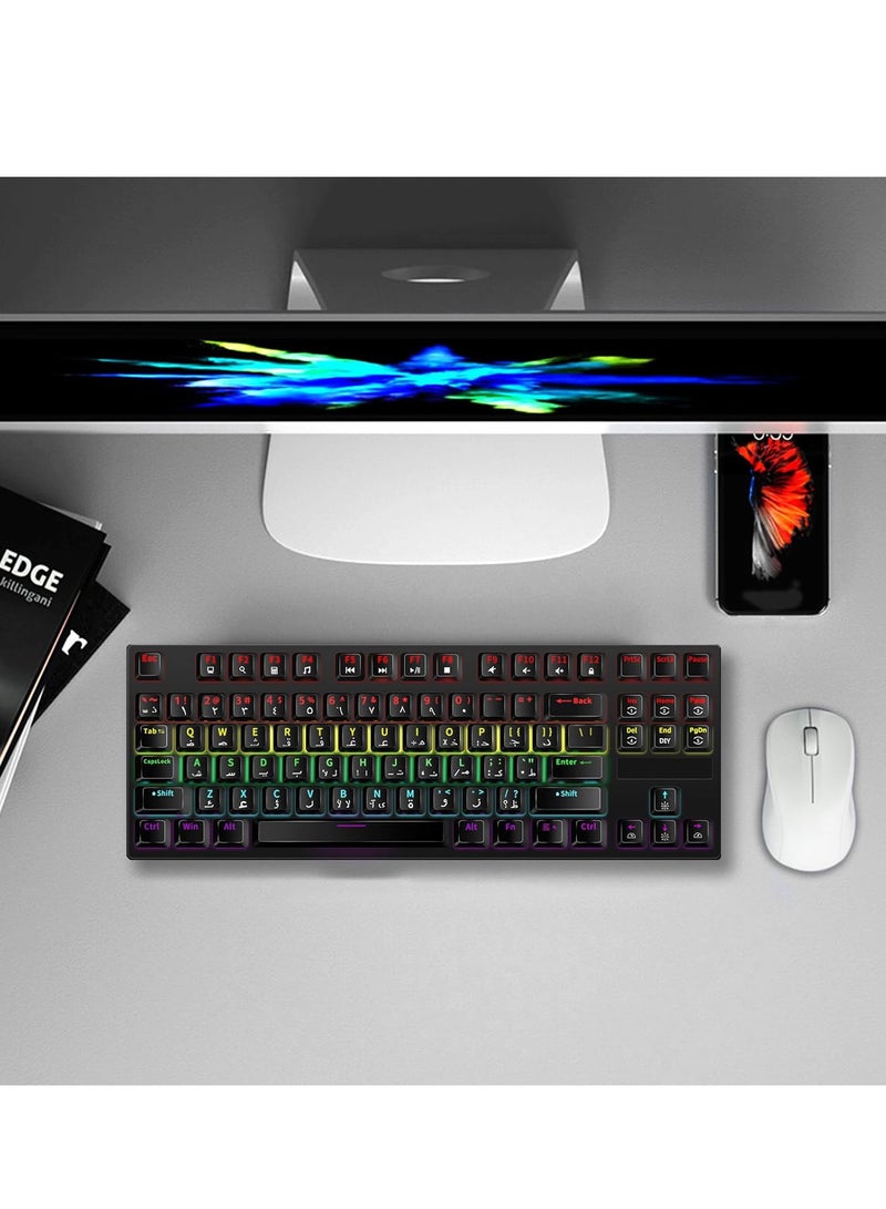 مجموعة لوحة مفاتيح ألعاب RGB إنجليزية عربية وماوس DPI، لوحة مفاتيح ميكانيكية 87 مفتاحًا بإضاءة خلفية LED، كيبورد قيمنق عربي مع ماوس 7 ألوان - Image 2