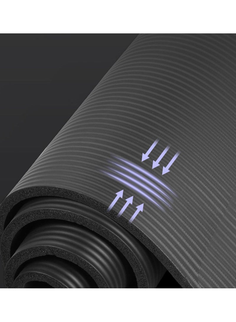 NBR Non-slip Yoga Mat 180x60cm with Strap 10mm Thick Exercise Mat for Home Workouts Pilates HiiT Yoga Training Black - Image 4