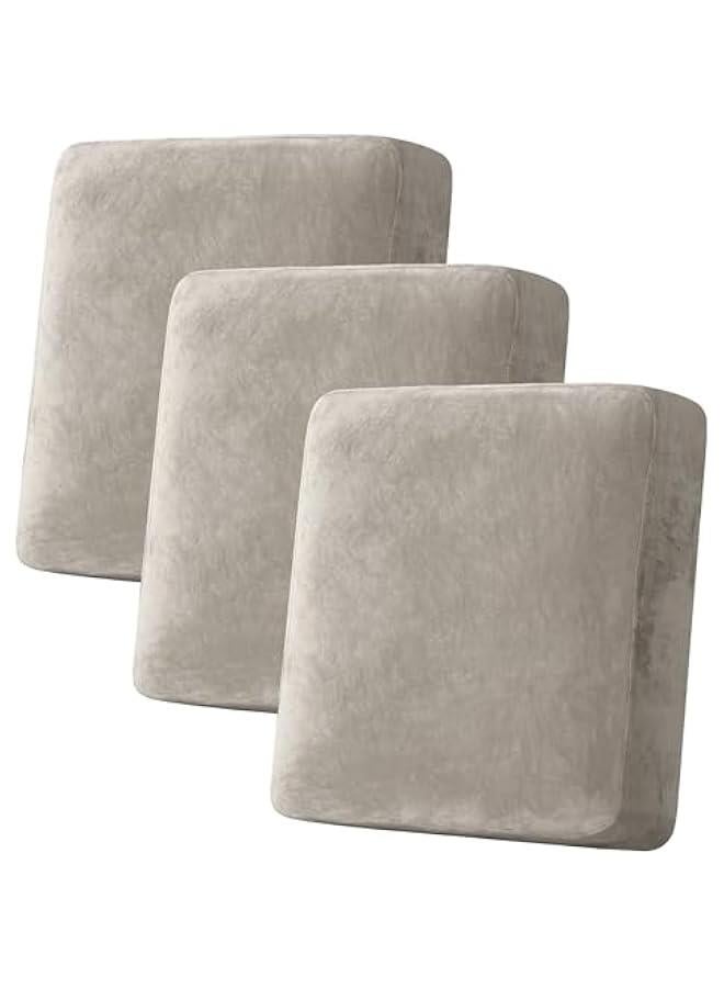 H.VERSAILTEX Velvet Stretch Couch Cushion Cover Plush Cushion Slipcover for Chair Loveseat Sofa Cushion Furniture Protector Seat Cushion Sofa Cover (3 Piece Sofa Cushion Covers, Oatmeal) - Image 1