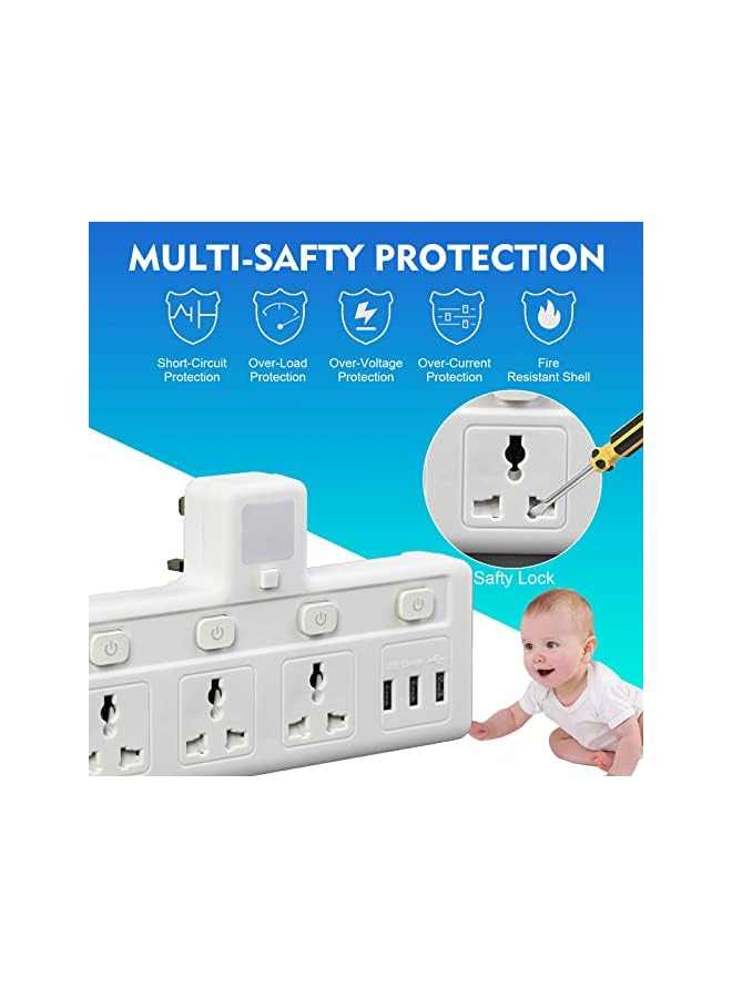 SKY-TOUCH مقبس تمديد متعدد المقابس مع 3 منافذ USB ومحول تمديد الطاقة الكهربائية للمنزل والمكتب والمطبخ - Image 5