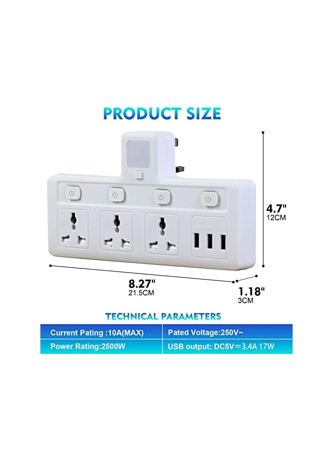 SKY-TOUCH مقبس تمديد متعدد المقابس مع 3 منافذ USB ومحول تمديد الطاقة الكهربائية للمنزل والمكتب والمطبخ - Image 4