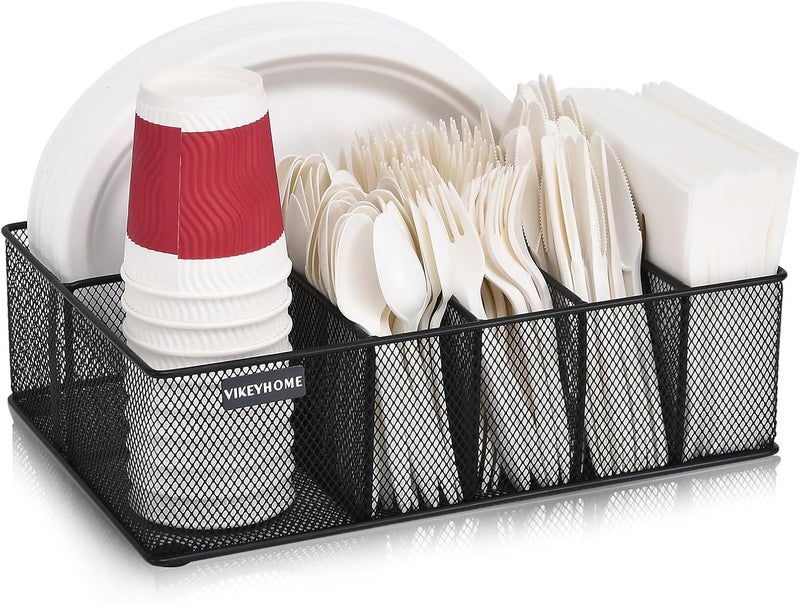 VIKEYHOME Paper Plate Organizer for Countertop Metal Silverware Caddy with 6 Compartments for Cup Napkin Utensil Holder Caddy for Party Camping Picnic - Image 2