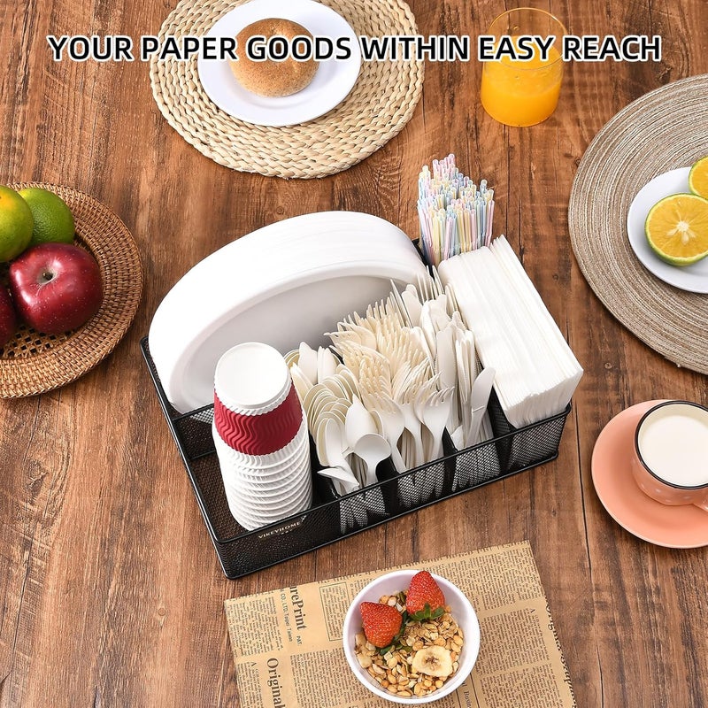 VIKEYHOME Paper Plate Organizer for Countertop Metal Silverware Caddy with 6 Compartments for Cup Napkin Utensil Holder Caddy for Party Camping Picnic - Image 5