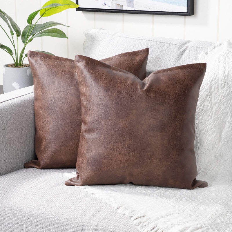 Yaertun Set of 2 Faux Leather Decorative Throw Pillow Covers Modern Solid Outdoor Cushion Cases Luxury Pillowcases for Couch Sofa Bed 18x18 Inches Dark Brown - Image 5