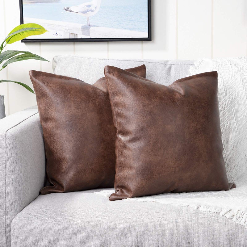 Yaertun Set of 2 Faux Leather Decorative Throw Pillow Covers Modern Solid Outdoor Cushion Cases Luxury Pillowcases for Couch Sofa Bed 18x18 Inches Dark Brown - Image 1