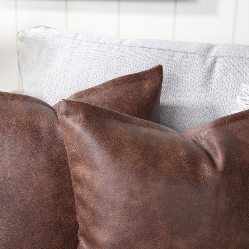 Yaertun Set of 2 Faux Leather Decorative Throw Pillow Covers Modern Solid Outdoor Cushion Cases Luxury Pillowcases for Couch Sofa Bed 18x18 Inches Dark Brown - Image 3