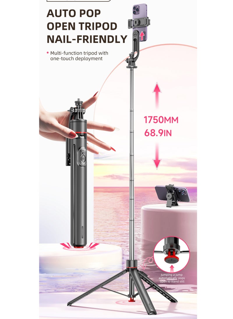 68.89“（1.75m） All-in-one Auto Pop Open Tripod Magnetic Remote Detachable phone clip Tripod Selfie Stick  - Image 2