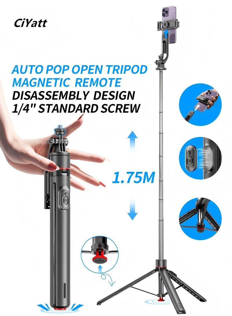 CiYatt 68.89“（1.75m） All-in-one Auto Pop Open Tripod Magnetic Remote Detachable phone clip Tripod Selfie Stick - Image 1