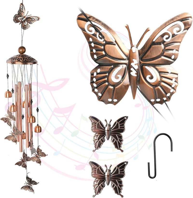 LINALL Wind Chimes for Outside, Butterfly Aluminum Tube Windchime with S Hook - Clearance Hanging Decor for Garden, Patio, Backyard or Porch - Image 1
