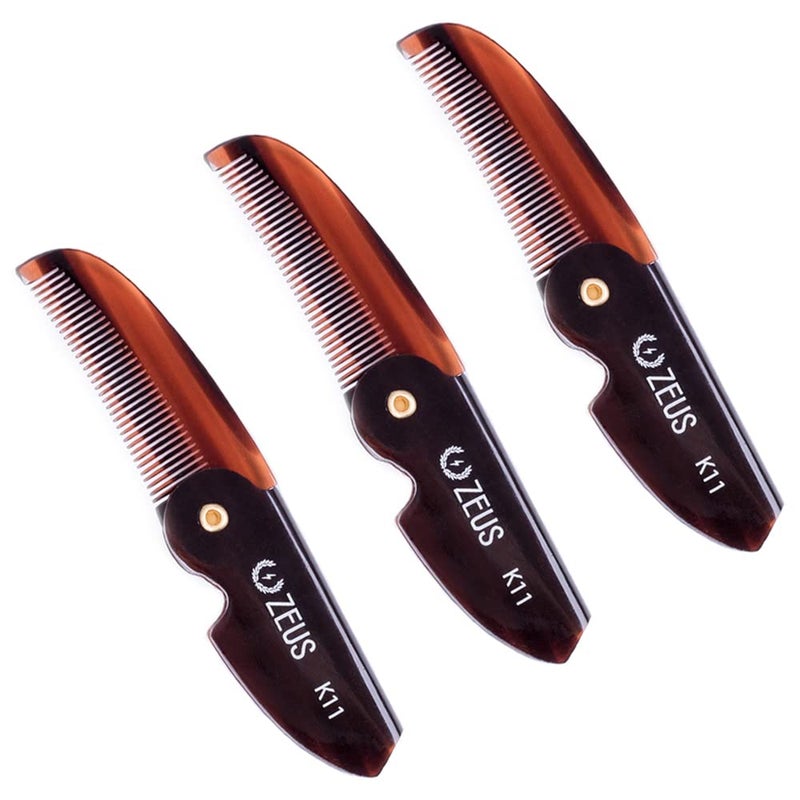 ZEUS Folding Mustache Comb Handmade SawCut Best Moustache Pocket Comb  3 Pack  Traditional  K11