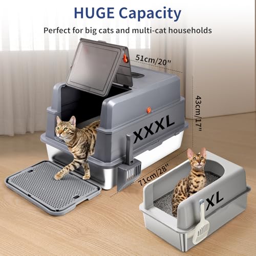 Bartuke XXXL Stainless Steel Litter Box with Lid, Extra Large 28" L x 20" W x 17" H Enclosed Metal Cat Litter Box with Litter Scoop & Foot Pedal, Odor Control for Big Cats, Multiple Cats (Dark Grey) - Image 2