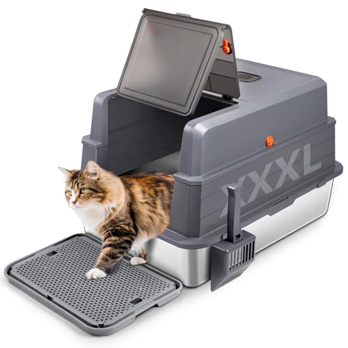 Bartuke XXXL Stainless Steel Litter Box with Lid, Extra Large 28" L x 20" W x 17" H Enclosed Metal Cat Litter Box with Litter Scoop & Foot Pedal, Odor Control for Big Cats, Multiple Cats (Dark Grey) - Image 1
