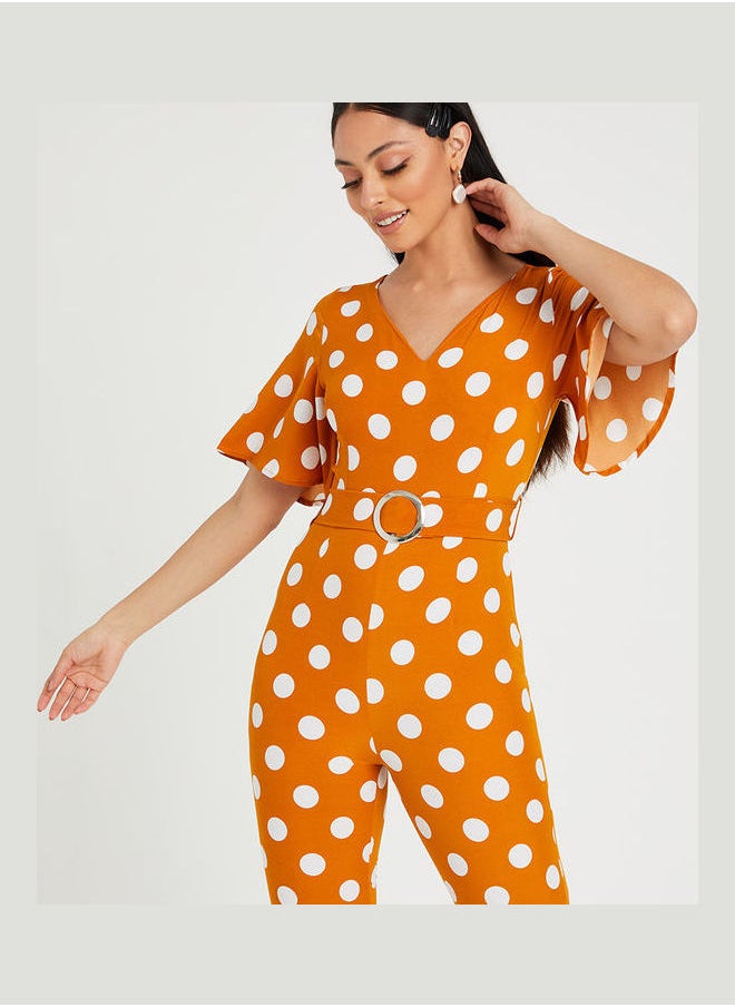Styli - Short Sleeves V Neck Polka Dot Print Wide Leg Jumpsuit - Image 1