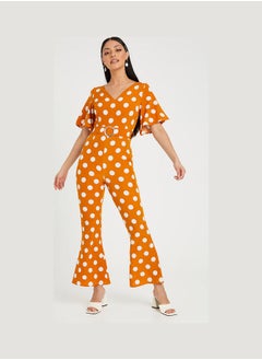 Short Sleeves V Neck Polka Dot Print Wide Leg Jumpsuit