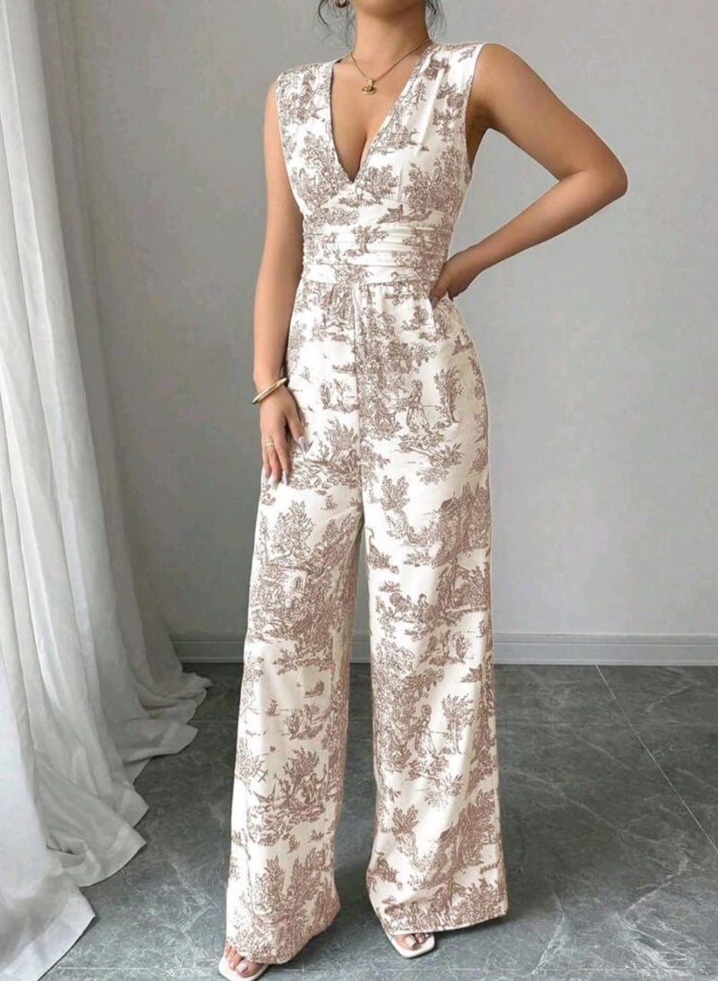 SHEIN Women's Summer Botanical Print V-Neck Sleeveless Wide Leg Jumpsuit - Image 1