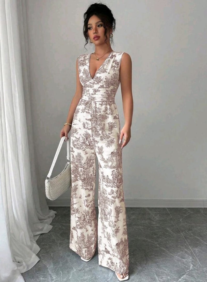 SHEIN Women's Summer Botanical Print V-Neck Sleeveless Wide Leg Jumpsuit - Image 2