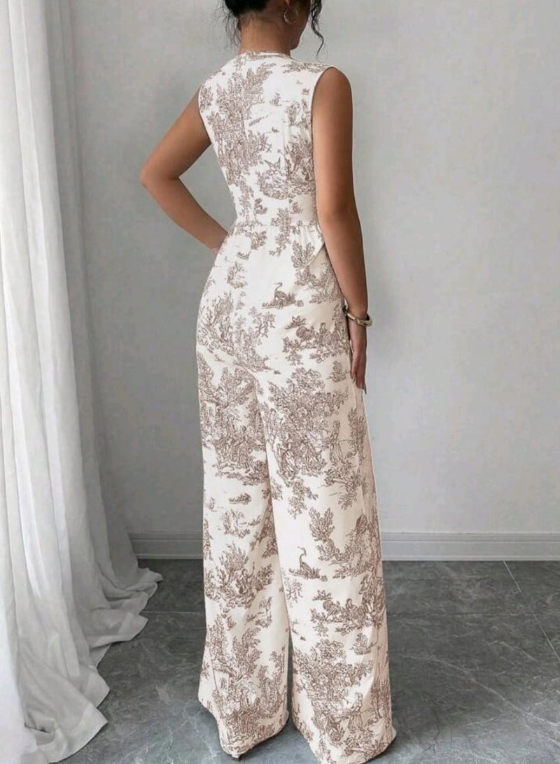 SHEIN Women's Summer Botanical Print V-Neck Sleeveless Wide Leg Jumpsuit - Image 3
