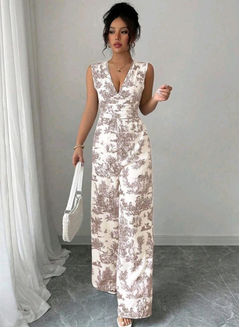 SHEIN Women's Summer Botanical Print V-Neck Sleeveless Wide Leg Jumpsuit - Image 4